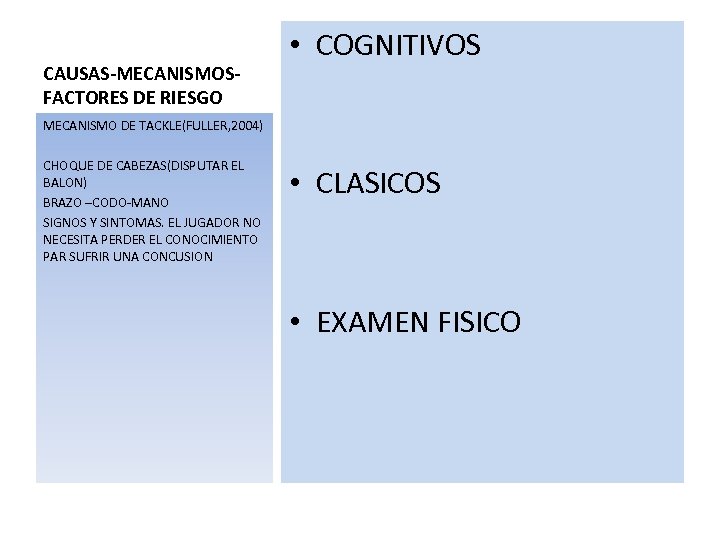 CAUSAS-MECANISMOSFACTORES DE RIESGO • COGNITIVOS MECANISMO DE TACKLE(FULLER, 2004) CHOQUE DE CABEZAS(DISPUTAR EL BALON)