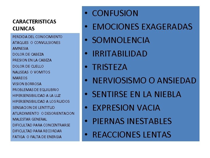 CARACTERISTICAS CLINICAS PERDIDA DEL CONOCIMIENTO ATAQUES O CONVULSIONES AMNESIA DOLOR DE CABEZA PRESION EN