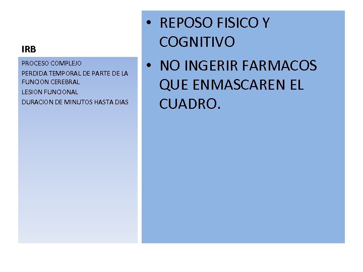 IRB PROCESO COMPLEJO PERDIDA TEMPORAL DE PARTE DE LA FUNCION CEREBRAL LESION FUNCIONAL DURACION