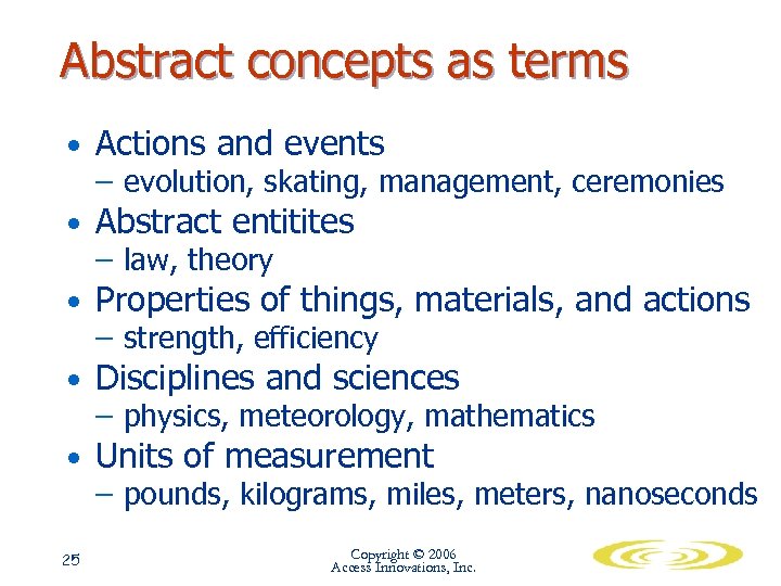 Abstract concepts as terms • Actions and events – evolution, skating, management, ceremonies •