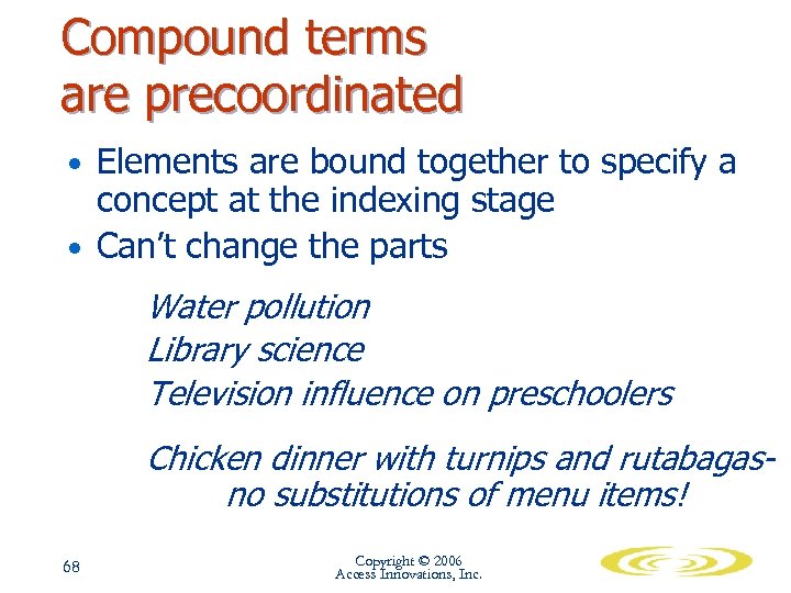 Compound terms are precoordinated • Elements are bound together to specify a concept at