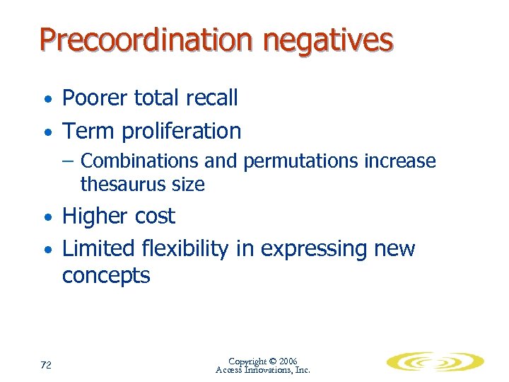 Precoordination negatives • Poorer total recall • Term proliferation – Combinations and permutations increase