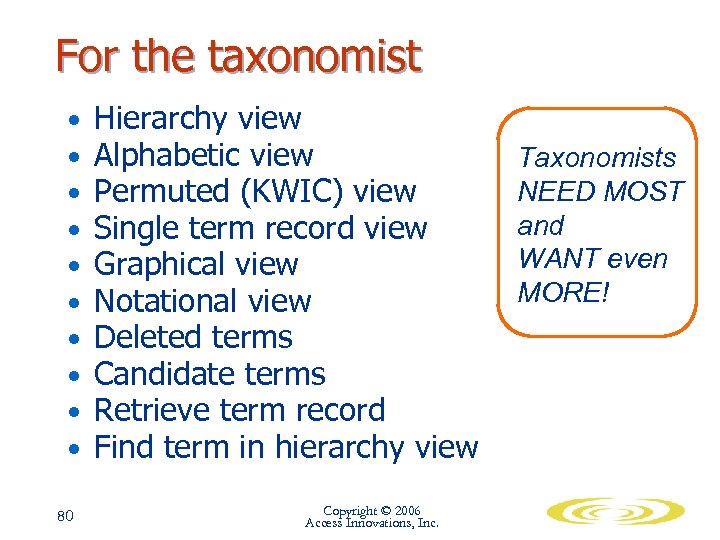 For the taxonomist • • • 80 Hierarchy view Alphabetic view Permuted (KWIC) view