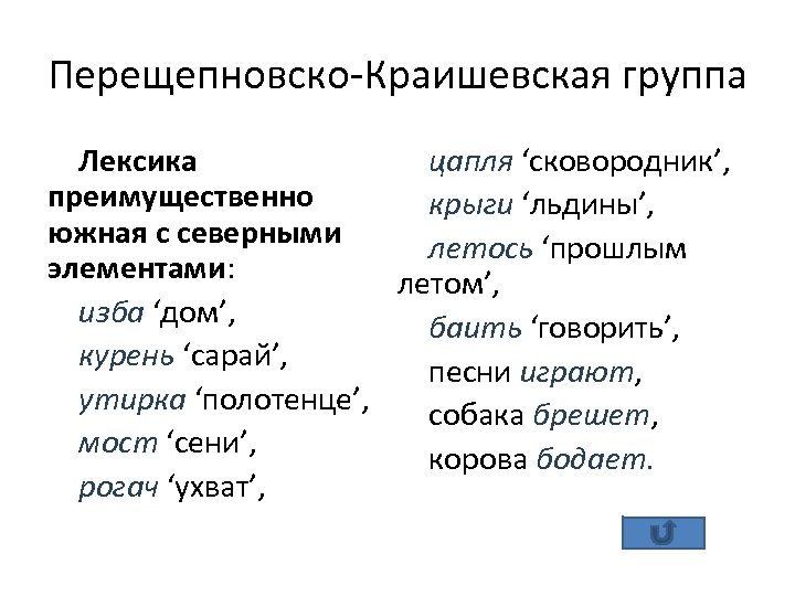 Перещепновско-Краишевская группа Лексика цапля ‘сковородник’, преимущественно крыги ‘льдины’, южная с северными летось ‘прошлым элементами: