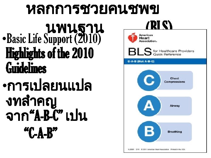 หลกการชวยคนชพข นพนฐาน (BLS) • Basic Life Support (2010) Highlights of the 2010 Guidelines •