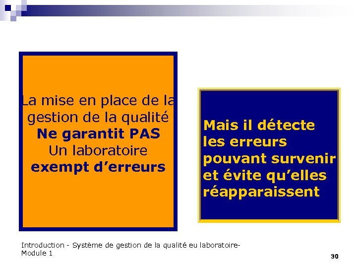 La mise en place de la gestion de la qualité Ne garantit PAS Un