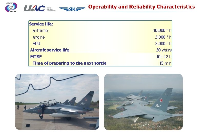 Operability and Reliability Characteristics Service life: airframe 10, 000 f h engine 3, 000