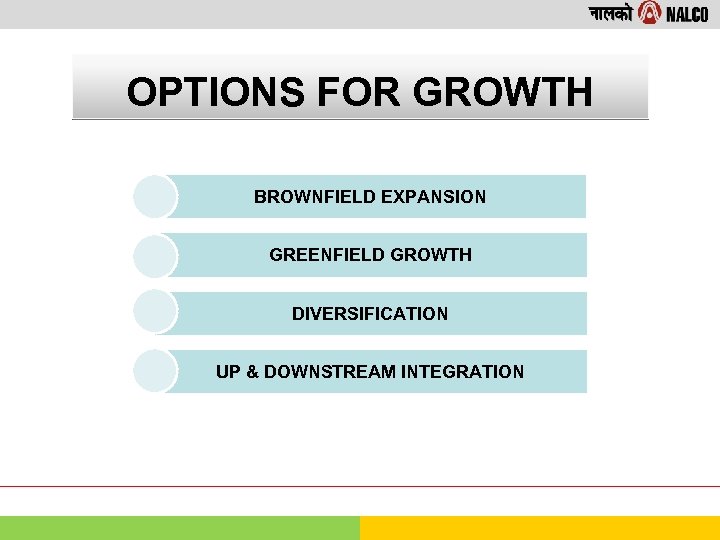 OPTIONS FOR GROWTH BROWNFIELD EXPANSION GREENFIELD GROWTH DIVERSIFICATION UP & DOWNSTREAM INTEGRATION 