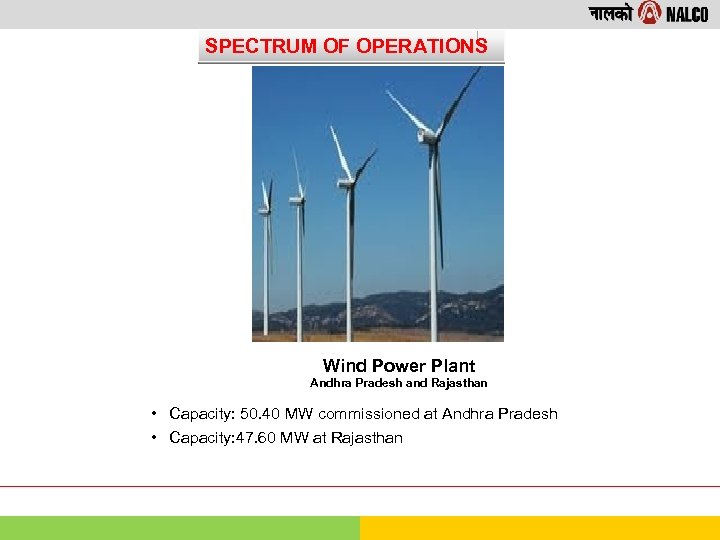 SPECTRUM OF OPERATIONS Wind Power Plant Andhra Pradesh and Rajasthan • Capacity: 50. 40