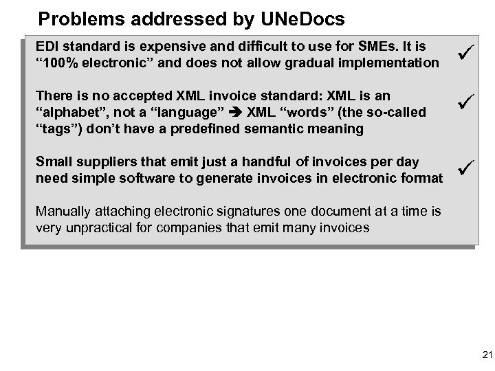 Problems addressed by UNe. Docs EDI standard is expensive and difficult to use for