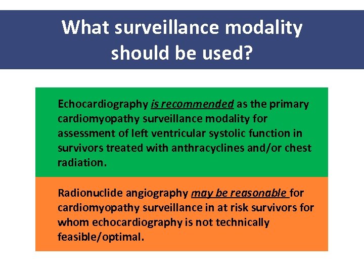 What surveillance modality should be used? Echocardiography is recommended as the primary cardiomyopathy surveillance
