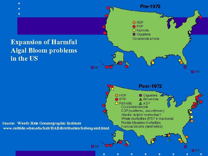 Expansion of Harmful Algal Bloom problems in the US Source: Woods Hole Oceanographic Institute
