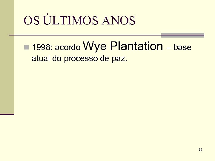 OS ÚLTIMOS ANOS n 1998: acordo Wye Plantation – base atual do processo de