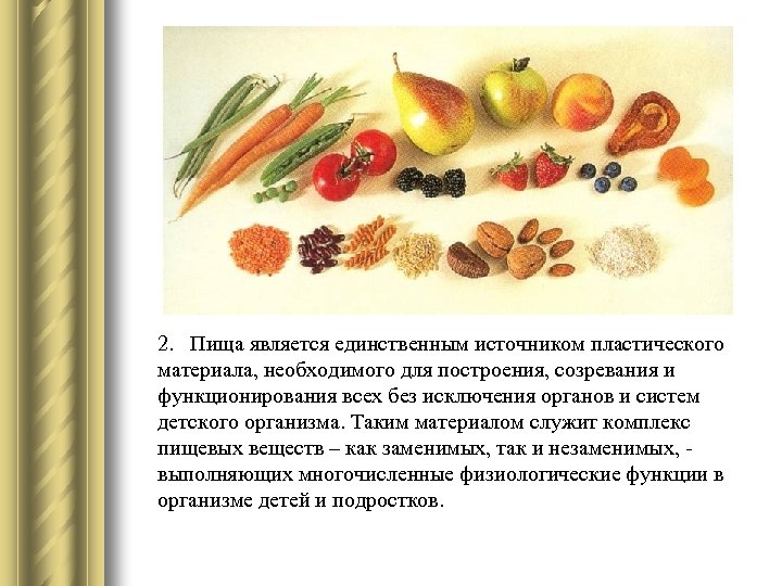  2. Пища является единственным источником пластического материала, необходимого для построения, созревания и функционирования