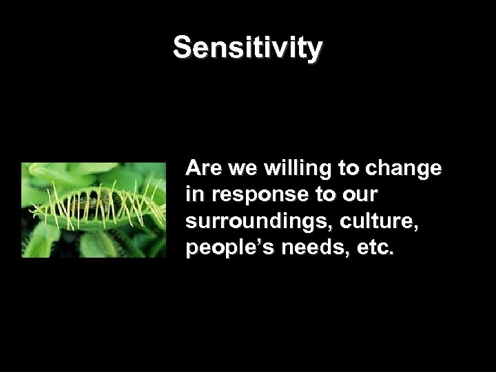 Sensitivity Are we willing to change in response to our surroundings, culture, people’s needs,