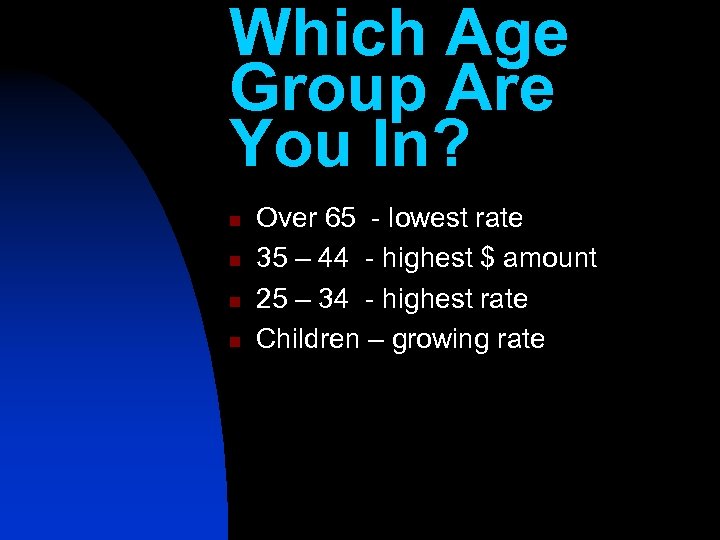 Which Age Group Are You In? n n Over 65 - lowest rate 35