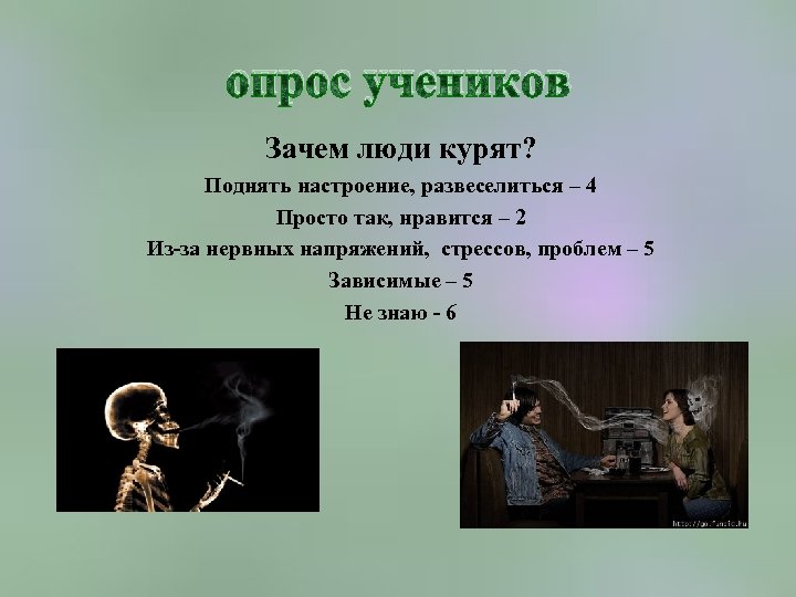 опрос учеников Зачем люди курят? Поднять настроение, развеселиться – 4 Просто так, нравится –