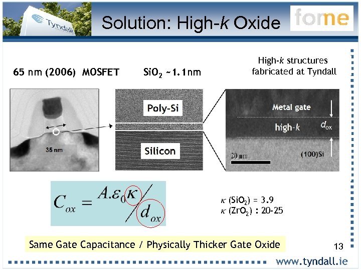 Solution: High-k Oxide 65 nm (2006) MOSFET Si. O 2 ~1. 1 nm High-k