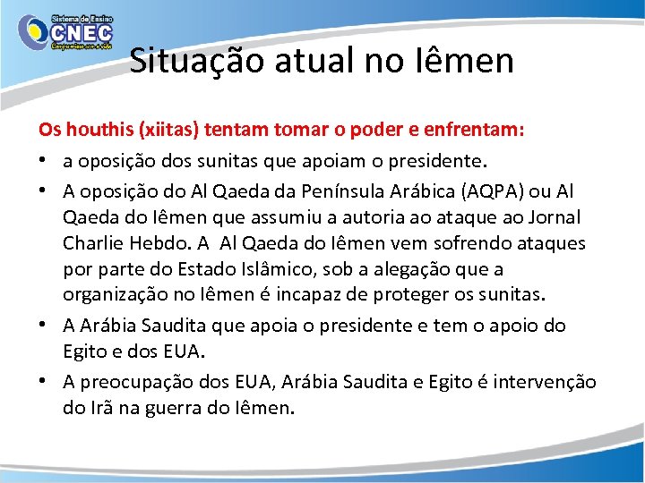 Situação atual no Iêmen Os houthis (xiitas) tentam tomar o poder e enfrentam: •