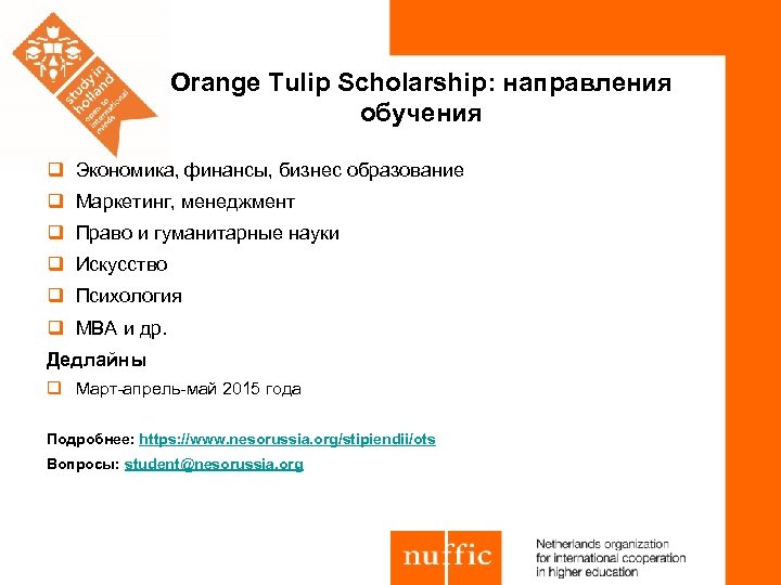 Orange Tulip Scholarship: направления обучения q Экономика, финансы, бизнес образование q Маркетинг, менеджмент q