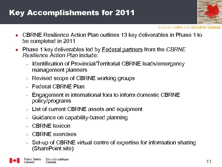Key Accomplishments for 2011 ● CBRNE Resilience Action Plan outlines 13 key deliverables in