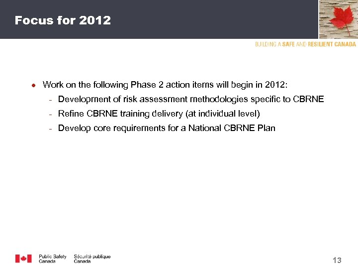 Focus for 2012 ● Work on the following Phase 2 action items will begin
