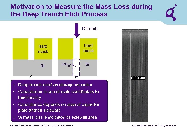 Motivation to Measure the Mass Loss during the Deep Trench Etch Process DT etch