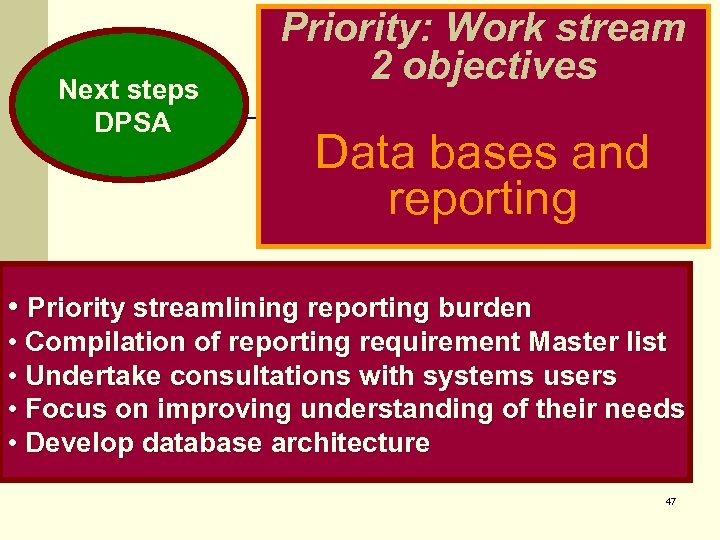 Next steps DPSA Priority: Work stream 2 objectives Data bases and reporting • Priority
