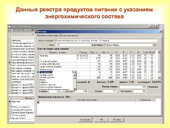 Данные реестра продуктов питания с указанием энергохимического состава 