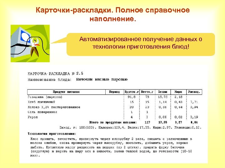 Карточки-раскладки. Полное справочное наполнение. Автоматизированное получение данных о технологии приготовления блюд! 