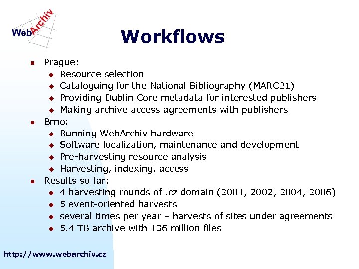 Workflows n n n Prague: u Resource selection u Cataloguing for the National Bibliography