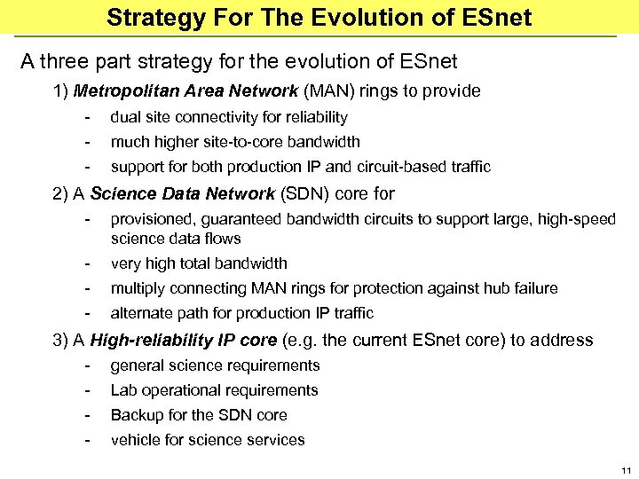 Strategy For The Evolution of ESnet A three part strategy for the evolution of