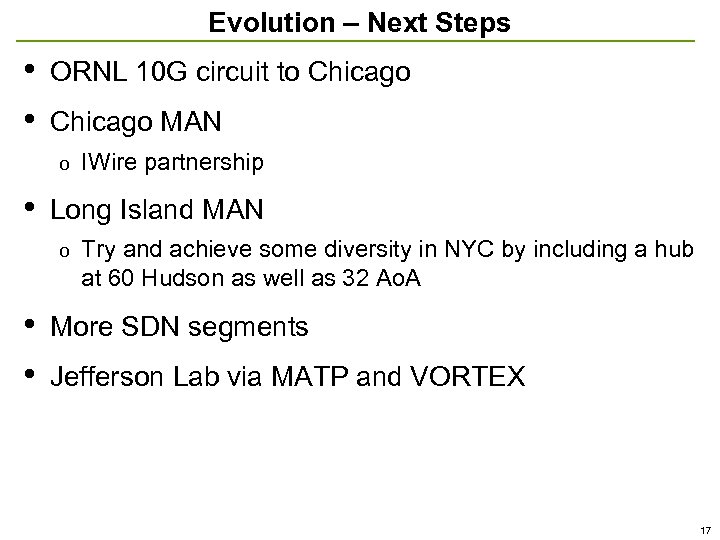 Evolution – Next Steps • • ORNL 10 G circuit to Chicago MAN o