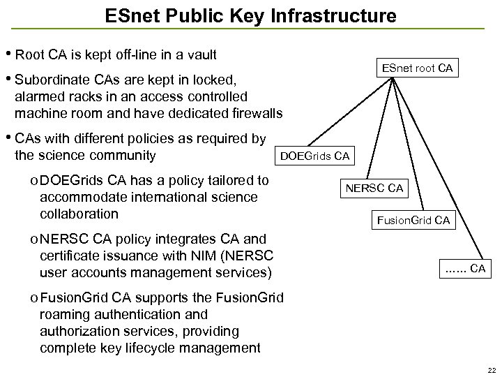 ESnet Public Key Infrastructure • Root CA is kept off-line in a vault •