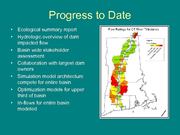 Progress to Date • Ecological summary report • Hydrologic overview of dam impacted flow
