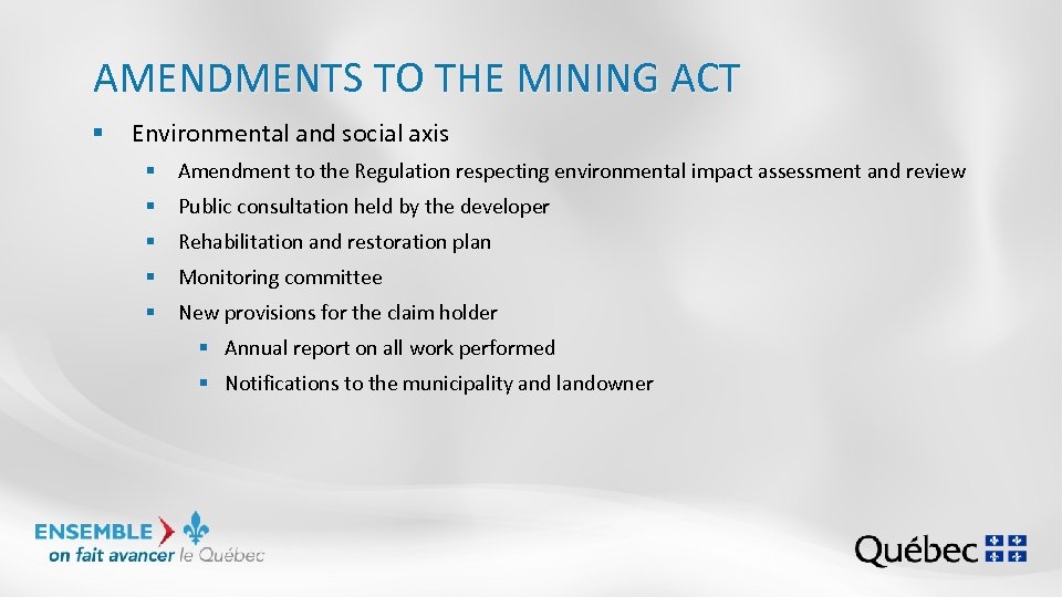 AMENDMENTS TO THE MINING ACT § Environmental and social axis § Amendment to the