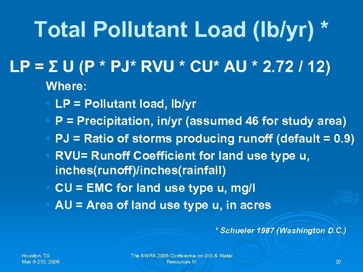 Total Pollutant Load (lb/yr) * LP = Σ U (P * PJ* RVU *