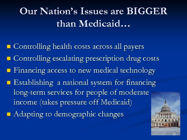 Our Nation’s Issues are BIGGER than Medicaid… Controlling health costs across all payers n