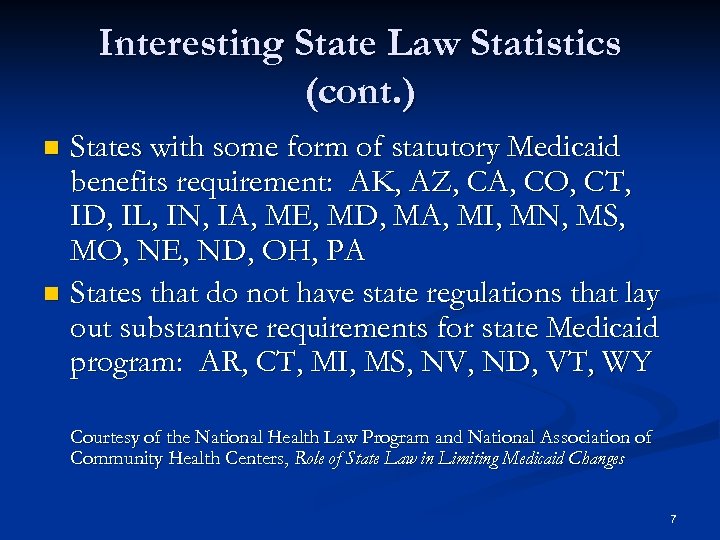Interesting State Law Statistics (cont. ) States with some form of statutory Medicaid benefits