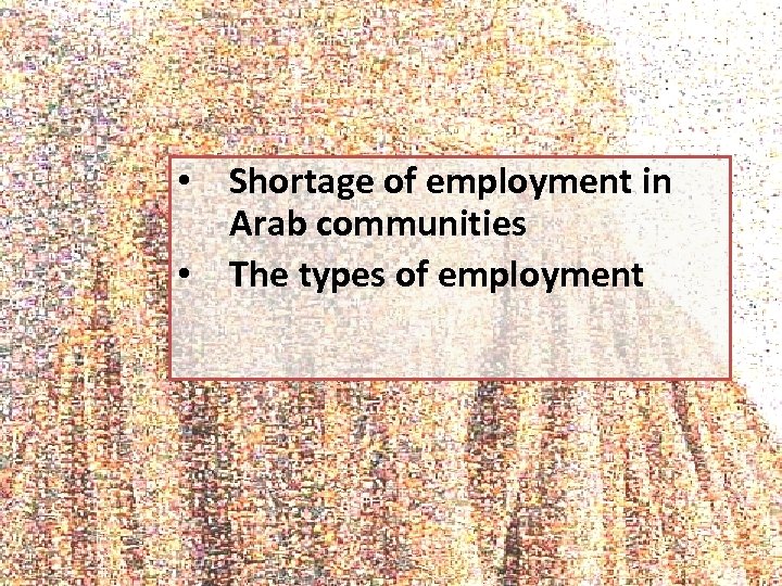  • Shortage of employment in Arab communities • The types of employment 