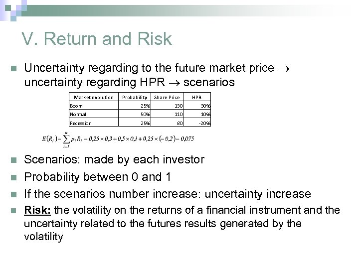 V. Return and Risk n Uncertainty regarding to the future market price uncertainty regarding