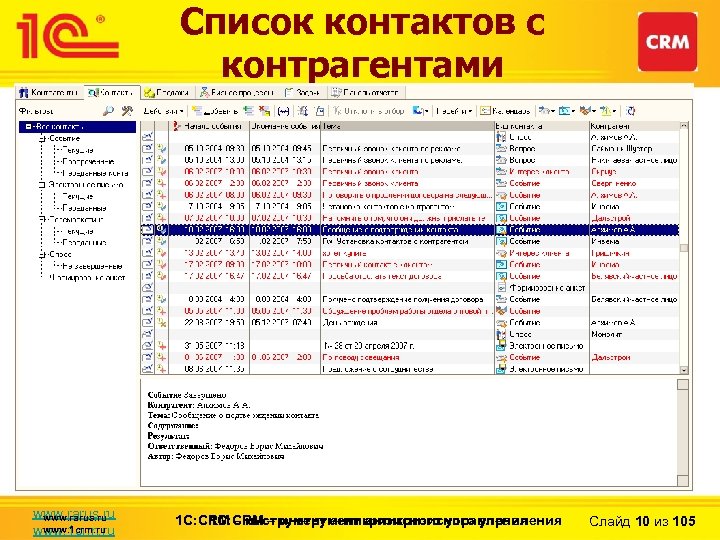 Список контактов с контрагентами www. rarus. ru www. 1 crm. ru 1 С: CRM