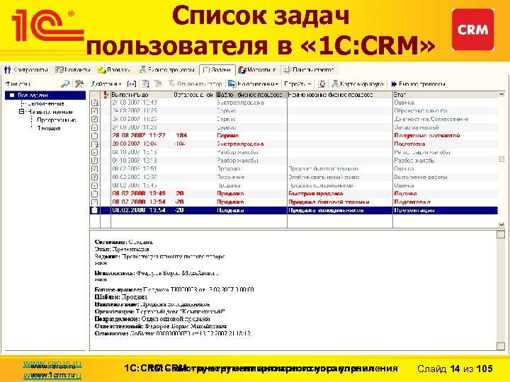 Список задач пользователя в « 1 С: CRM» www. rarus. ru www. 1 crm.
