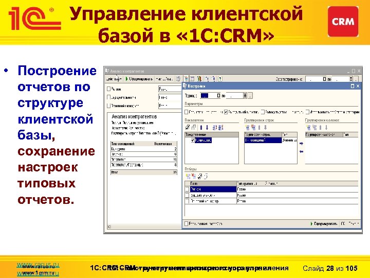 Управление клиентской базой в « 1 С: CRM» • Построение отчетов по структуре клиентской