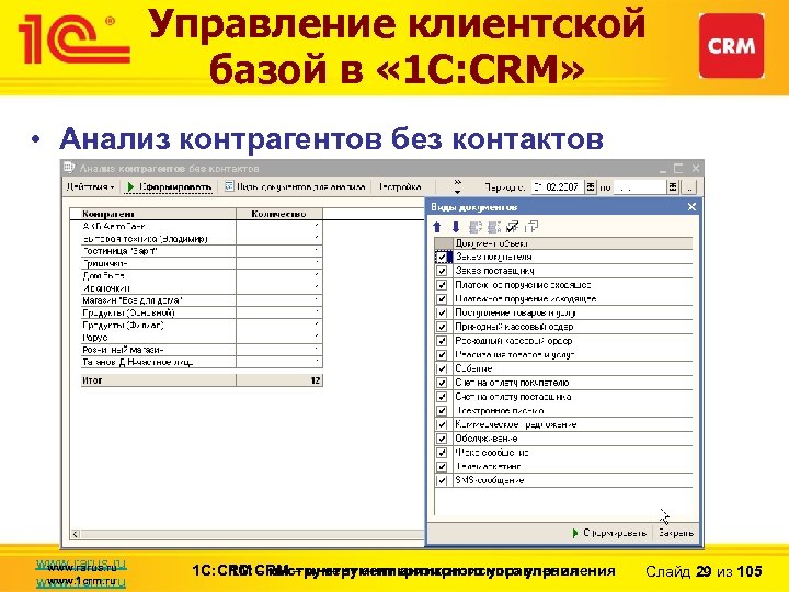 Управление клиентской базой в « 1 С: CRM» • Анализ контрагентов без контактов www.