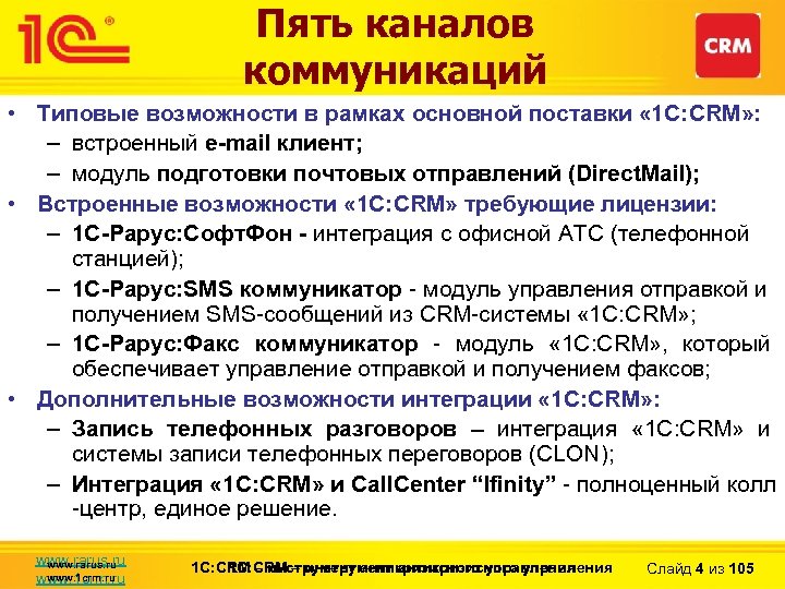 Пять каналов коммуникаций • Типовые возможности в рамках основной поставки « 1 С: CRM»