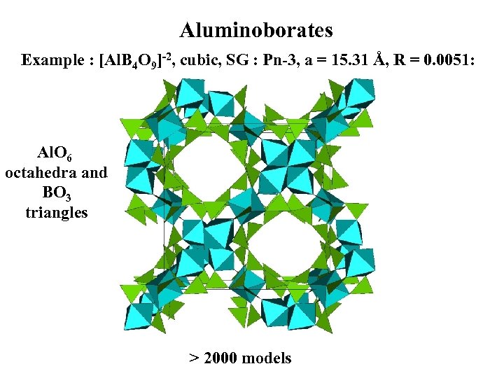 Aluminoborates Example : [Al. B 4 O 9]-2, cubic, SG : Pn-3, a =