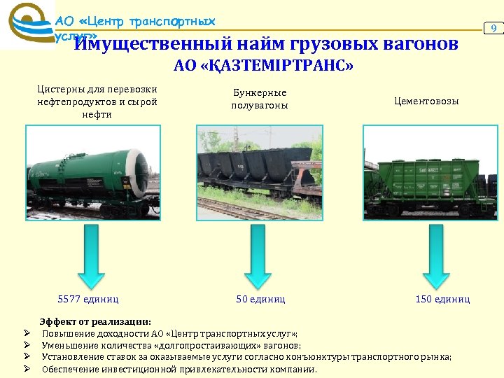 АО «Центр транспортных услуг» Имущественный найм грузовых вагонов АО «ҚАЗТЕМІРТРАНС» Цистерны для перевозки нефтепродуктов