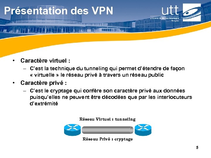 Présentation des VPN • Caractère virtuel : – C’est la technique du tunneling qui
