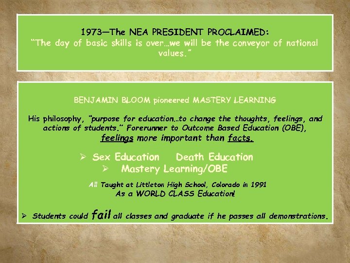 1973—The NEA PRESIDENT PROCLAIMED: “The day of basic skills is over…we will be the